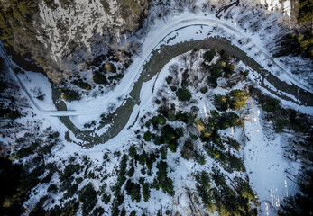 River running through snowy landscape drone
