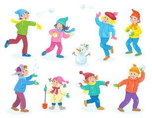 Happy children playing in winter. In cartoon style. Isolated on white background. Vector flat illustration.