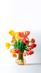 Big flowers bouquet of multicolored tulips in vintage glass vase on white color background with copy space. Business card. Invitation postcard. Place for greeting text. International holiday. Banner