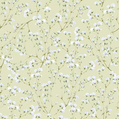 Seamless floral pattern of the gypsophila branches with white flowers hand drawn in watercolor isolated on a light green background. Watercolor floral pattern.	
