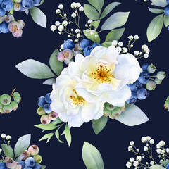 Seamless floral pattern with bouquets of blueberries, white roses, gypsophila branches and green leaves hand drawn in watercolor isolated on a dark blue background. Watercolor floral pattern.	
