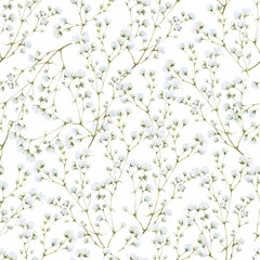Seamless floral pattern of the gypsophila branches with white flowers hand drawn in watercolor isolated on a white background. Watercolor floral pattern.	
