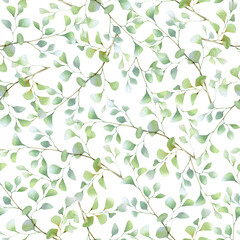 Seamless floral pattern of the green leafed branches hand drawn in watercolor isolated on a white background. Watercolor floral pattern.	
