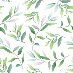Seamless floral pattern of the green leafed branches hand drawn in watercolor isolated on a white background. Watercolor floral pattern.	
