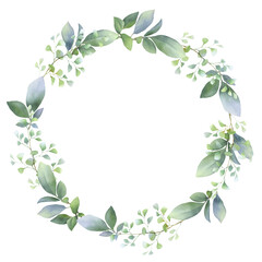 Floral wreath with green herbs and leaves hand drawn in watercolor isolated on a white background. Watercolor floral frame. Watercolor illustration.	