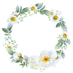 Floral wreath with white roses, chamomile, green leaves and herbs hand drawn in watercolor isolated on a white background. Watercolor floral frame. Watercolor illustration.	