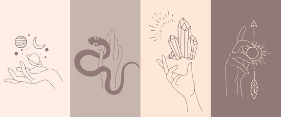 A set of female hand emblems in a minimalistic linear style. Hand gestures holding mystical symbols.