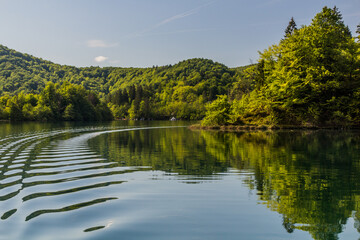 Boat wake in Plitvice Lakes National Park, Croatia