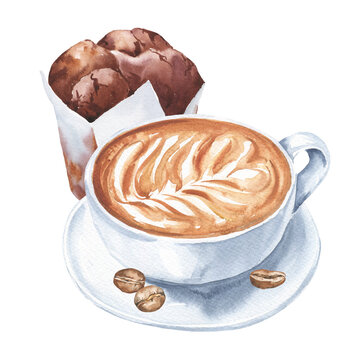Watercolor cup of coffee and chocolate cake on white background. Watercolour food illustration.