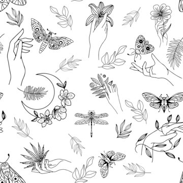 Seamless pattern of plant branches with leaves, palms, butterflies and dragonflies.