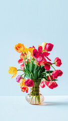 Big flowers bouquet of multicolored tulips in vintage glass vase on light blue background with copy space. Business card. Invitation postcard. Place for greeting text. International holiday. Banner