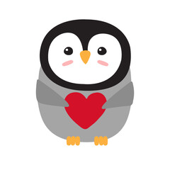 Vector flat penguin with heart isolated on white background