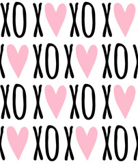 Vector seamless pattern of hand drawn xoxo text and hearts isolated on white background