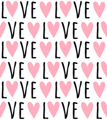 Vector seamless pattern of love text and hearts isolated on white background