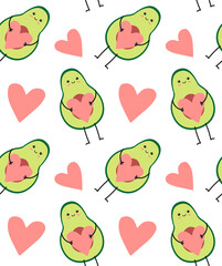 Vector seamless pattern of flat hand drawn avocados and hearts isolated on white background