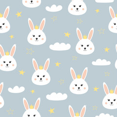Seamless pattern with cute bunny, star and cloud. Lovely rabbit with crown on blue background. Background for baby shower, wall art, fabric, textile and invitation