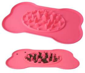 Pet slow feeder pink bowl, against overeating, over white, isolated