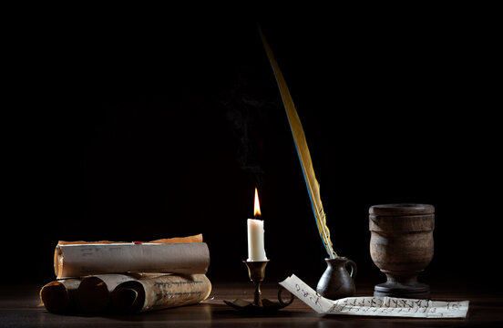 Medieval desk with quill pen