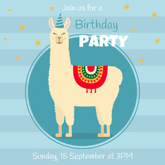 Birthday party invitation card with cute llama. Funny alpaca with birthday hat on blue background. Template for nursery design, poster, birthday card, invitation, baby shower and party decor