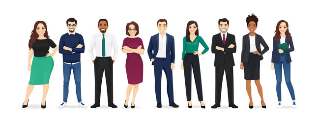 Group of happy diverse business people standing together. Team of colleagues in different ages. Isolated vector illustration. - obrazy, fototapety, plakaty