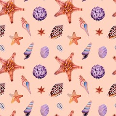 Seashells and Starfishes Watercolor Pattern