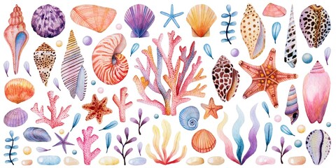 Fototapeta na wymiar Watercolor Seashell Coral and Seaweed Set