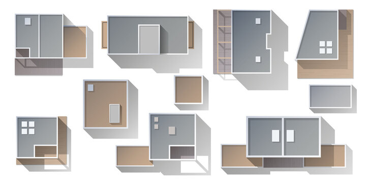 Architectural elements for design of cities plans Top view . Residental complex. Objects to the map view from above. Set of different kinds of houses, buildings. for design . Vector illustration
