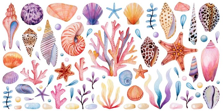 Watercolor Seashell Coral and Seaweed Set