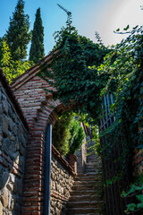 Fototapeta premium View on picturesque houses of the city of Sighnaghi. Beautiful retro old town. Old architecture charming atmosphere. Traditional houses in the old town.
