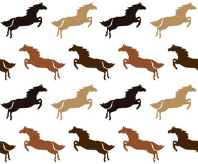 Vector seamless pattern of colored flat jumping horse silhouette isolated on white background