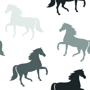 Vector seamless pattern of different colored horse silhouette isolated on white background
