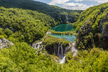 Lower lakes and Sastavci waterfall in Plitvice Lakes National Park, Croatia