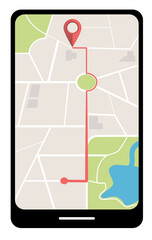 Navigation in mobile phone. Map with suggested route and a red pin pointer.