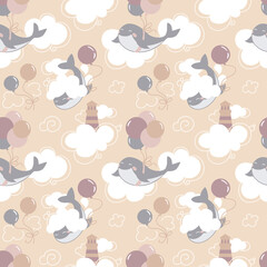 Whale in the sky, fantasy print in pastel colors for baby products. Seamless pattern. Vector.