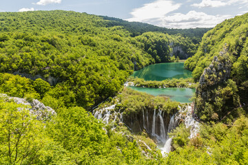 Fototapeta na wymiar Lower lakes and Sastavci waterfall in Plitvice Lakes National Park, Croatia