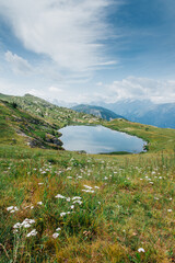 Un paysage de montagnes. Un lac dans les Alpes. Un lac de montagnes. Les Alpes en été. Une prairie alpine avec un lac.