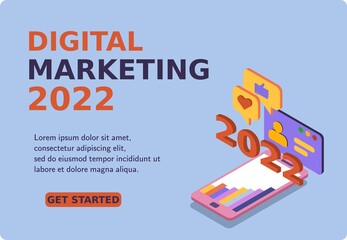 Digital Marketing 2022 banner and website. Mockup mobile phone and growth like. Successful hitting the target. Business analysis and strategy. 3d isometric vector illustration. Popular flat colors.
