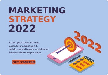 Digital Marketing 2022 banner and website. Choosing the right marketing strategy. Mockup mobile phone successful hitting the target. 3d isometric vector illustration. Popular flat colors.