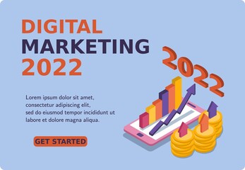 Digital Marketing 2022 banner and website. Successful hitting the target. Mockup mobile phone and coin growth. Business analysis and strategy. 3d isometric vector illustration. Popular flat colors.