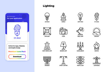 Lighting thin line icons set: bulb, LED, CFL, candle, table lamp, sunlight, spotlight, flash, candelabrum, bonfire, menorah, lighthouse, night aroma lamp. Modern vector illustration.