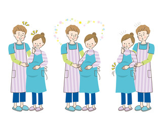 妊娠中の女性とエプロン姿の夫のセット