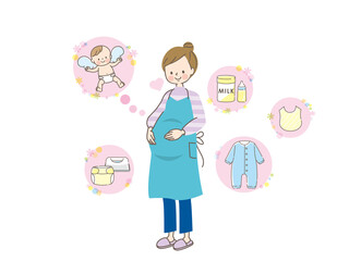 出産の準備を考える妊婦とベビー用品セット