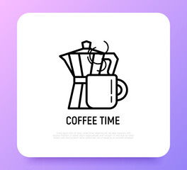 Coffee time thin line icon: coffee maker and cup. Modern vector illustration.