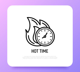 Hot time: clock in fire thin line icon. Modern vector illustration of sale, deal.