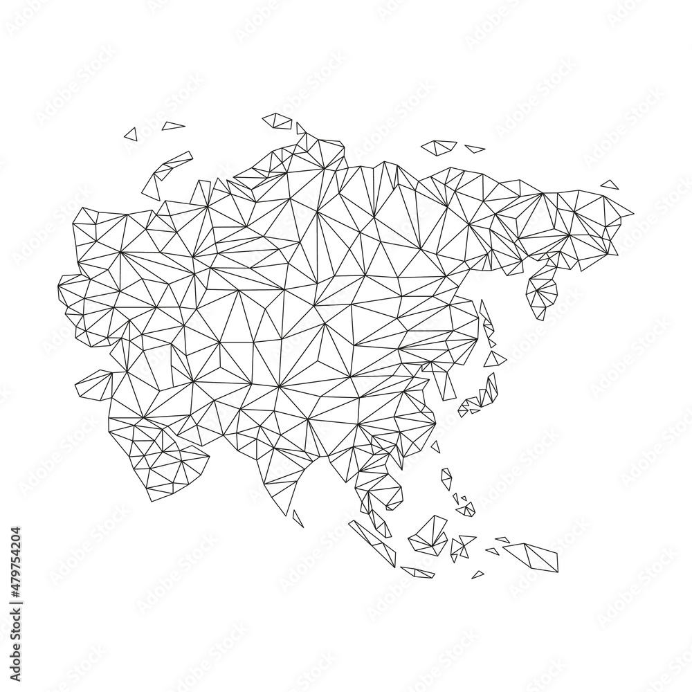 Poster asia map with triangular shapes. world map linear continent. map of asia continent with polygonal li