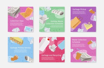 Garbage pickup service squared poster collection vector illustration. Waste assembling and reusing © Vikivector