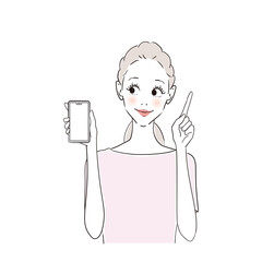 スマホを指さす笑顔の女性