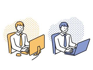 デスクワークのイラスト(パソコン、資料作成、テレワーク、勉強、調べる、仕事中、在宅ワーク、作業中) Illustration of desk work.Computer, data creation, telework, study, research, work from home, work.