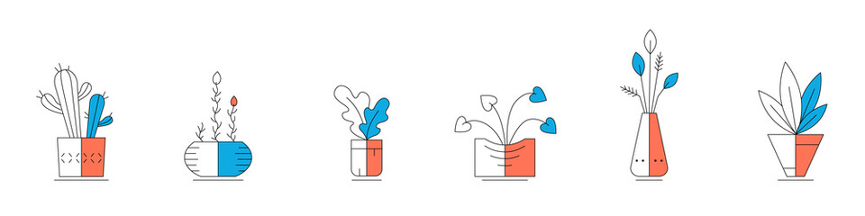 Vector illustration of cartoon green house plants in pots set