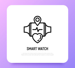 Smart watch with heartbeat on screen. Fitness gadget. Thin line icon. Modern vector illustration.